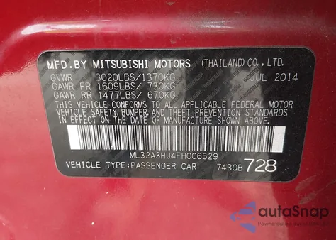 2015 Mitsubishi Mirage De/Rf z USA, uszkodzony, nr VIN ML32A3HJ4FH006529
